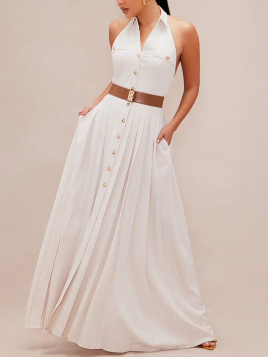 Beige Button Pleated Dress