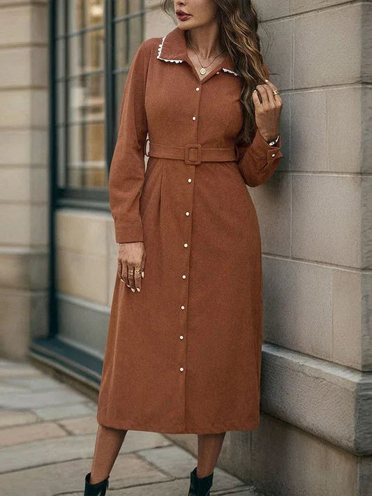 Antique Lace Lapel Shirt-Style Corduroy Dress