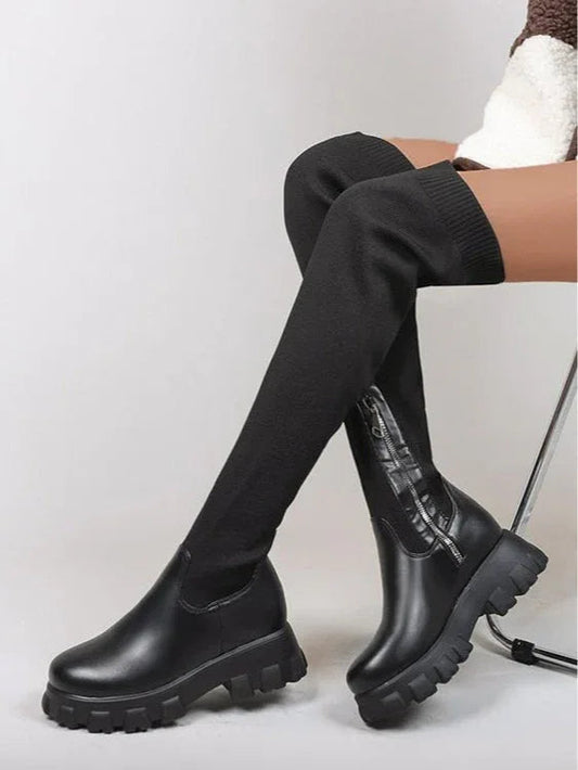 Over-the-knee round-toe flyknit women's platform boots