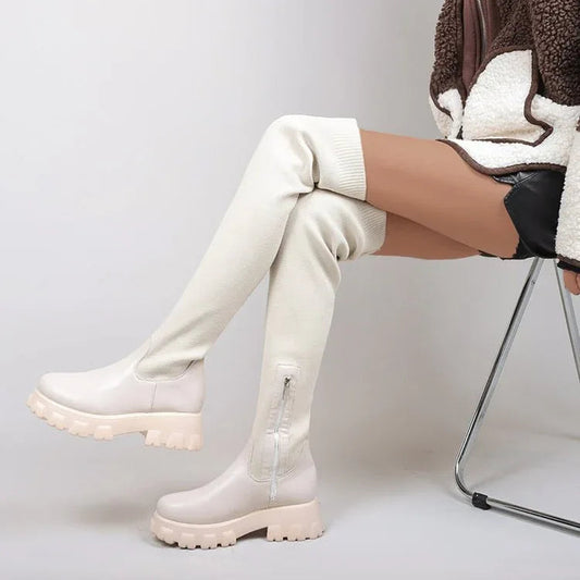 Over-the-knee round-toe flyknit women's platform boots
