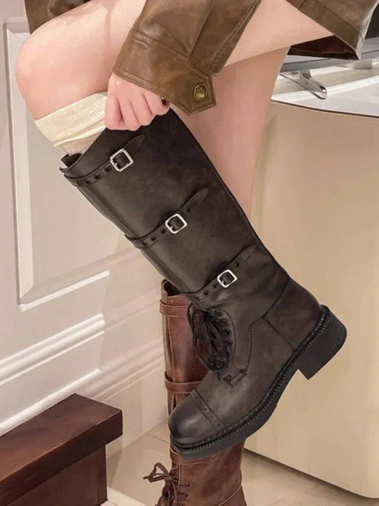 Retro distressed British square toe lace-up Martin boots