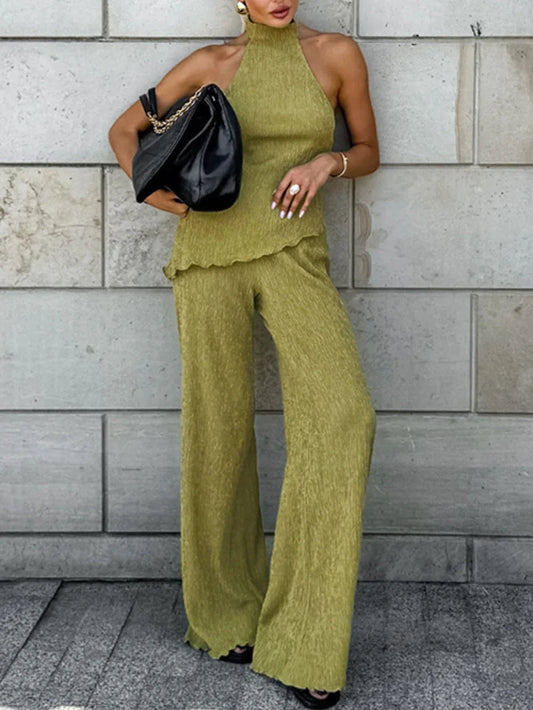 Halter neck pleated textured set