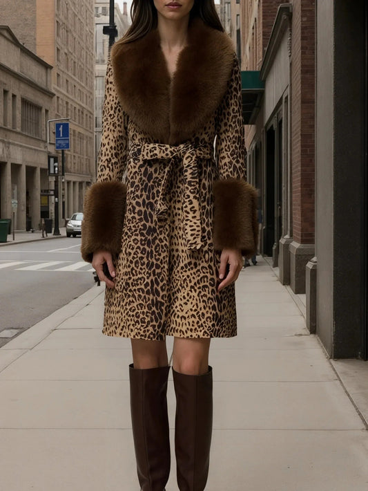Leopard print patchwork plush coat