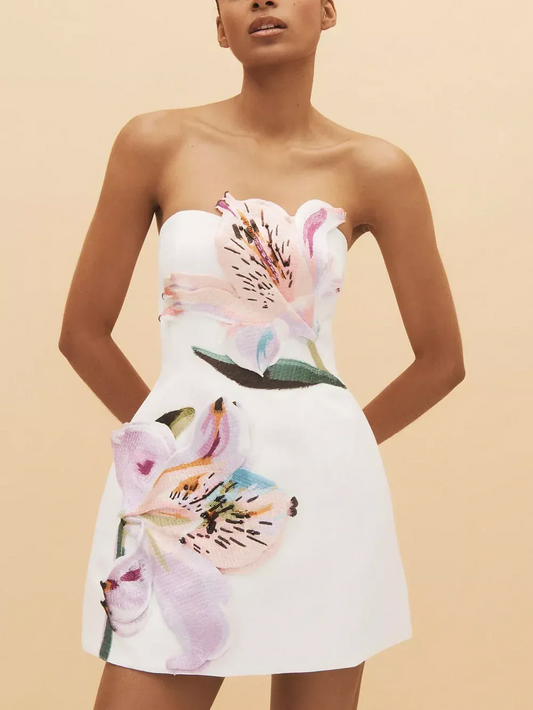 Floral embroidered tube top mini dress
