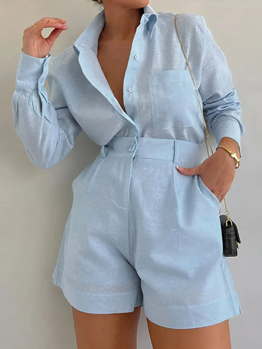 Cotton and Linen Long Sleeve Loose Shorts Set