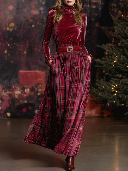 Christmas Retro Red Velvet Turtleneck Plaid Skirt Set(Includes belt)