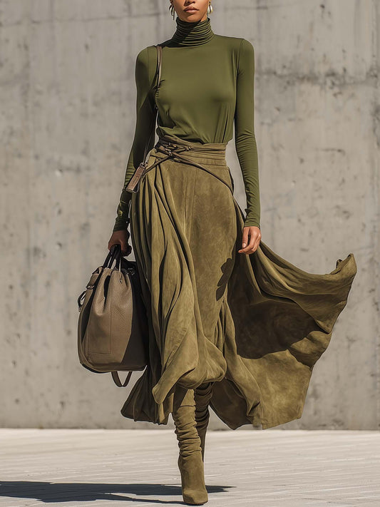 Olive Green Stretch Turtleneck Top And Faux Suede Maxi Skirt SetοΌIncludes beltοΌ