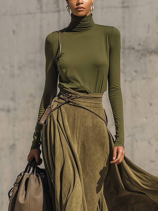 Olive Green Stretch Turtleneck Top And Faux Suede Maxi Skirt SetοΌIncludes beltοΌ
