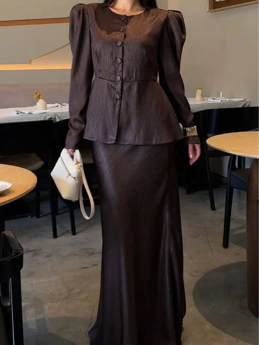 Round Neck Button Puff Sleeve Skirt Suit