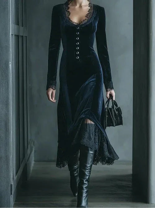 V-neck long-sleeved lace-trimmed velvet midi dress