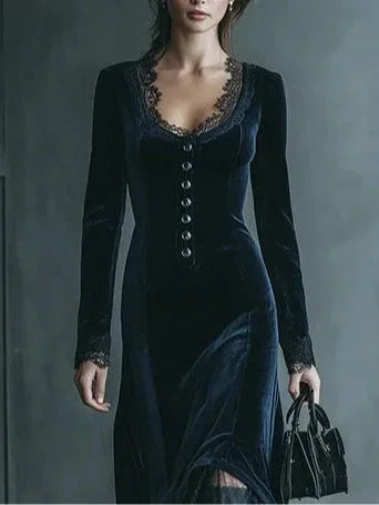 V-neck long-sleeved lace-trimmed velvet midi dress