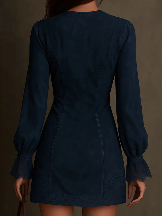 Vintage Blue Suede Lace Trim Mini Dress