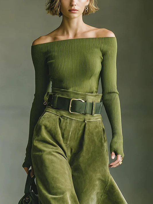 Olive green off-shoulder top and faux suede skirt setοΌIncludes beltοΌ