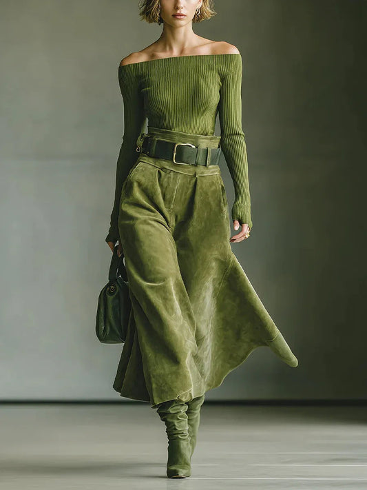 Olive green off-shoulder top and faux suede skirt setοΌIncludes beltοΌ