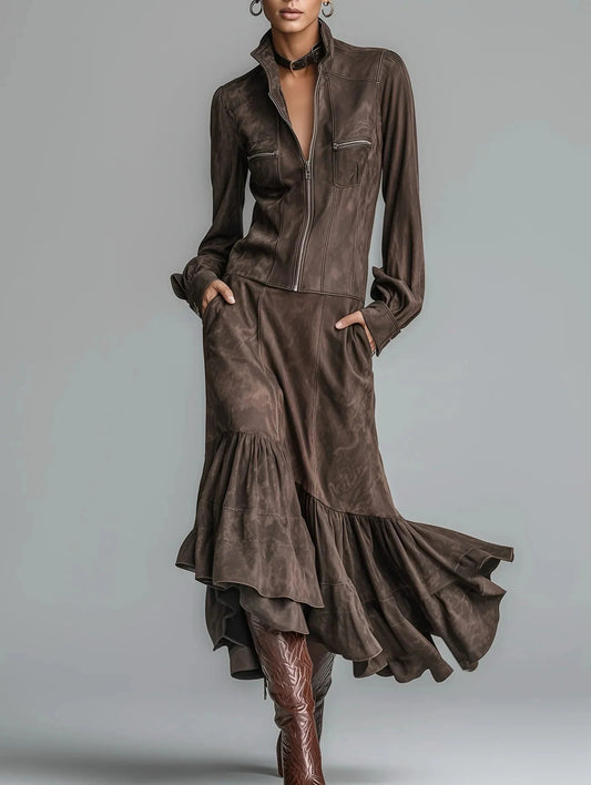 Suede Casual Retro Fashion Two-Piece Set