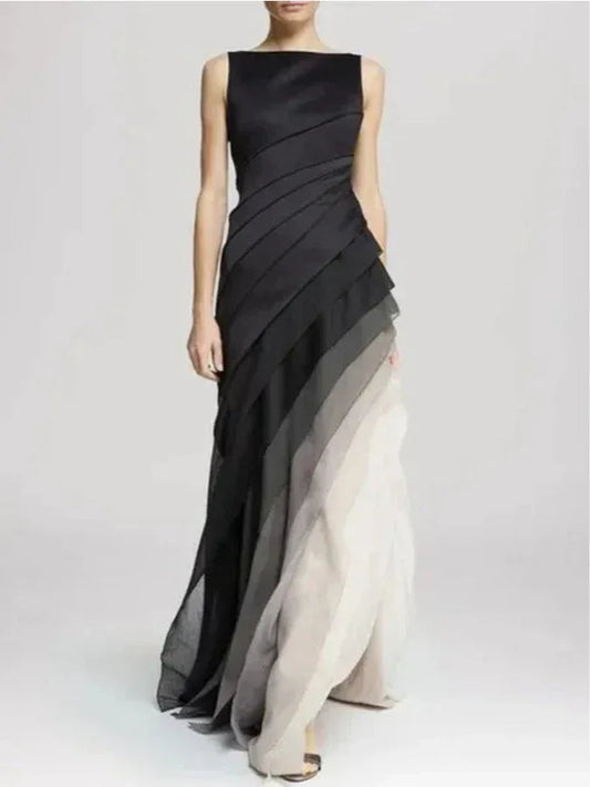 Black High Waist Tulle SleeGradientveless Maxi Dress