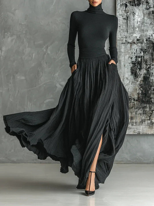 Fashion All Black Skinny Turtleneck T-shirt Pleated Skirt Set
