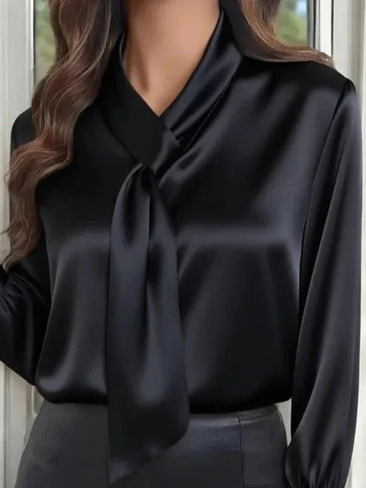 Solid Color Long-sleeved Bow Tie Casual Shirt