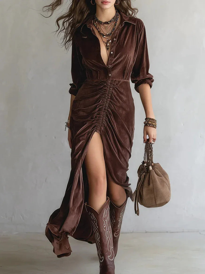 velvet dress with buttons Vintage Button-stitched Pleated Midi Size:7XL 23-23.5 ( 38/39) Features a gathered shoulder Mini/Body Con Macy