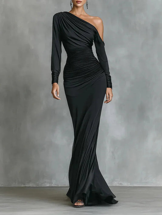 Black Elegant Satin One - Shoulder Ruched Mermaid Maxi Dress