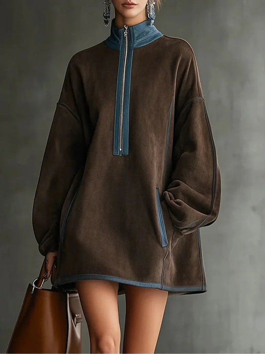 Brown Faux Suede Turtleneck Zippered Oversized Mini Dress
