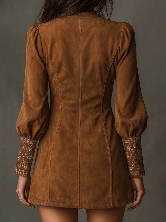 Vintage Brown V-Neck Suede Embroidered Mini Dress