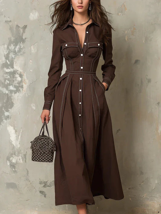 Vintage Dark Brown Contrast Stitching Pocket Maxi Dress