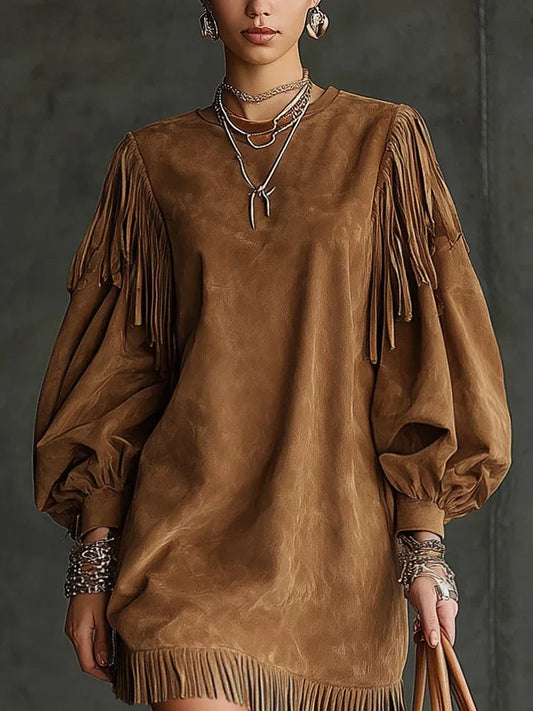 Vintage Brown Suede Fringed Puff Sleeve Mini Dress