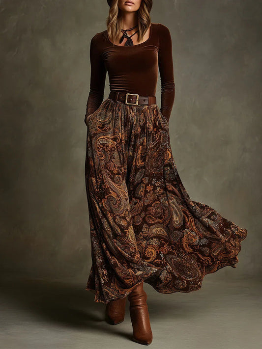 Vintage Stretch Velvet Top and Paisley Print Maxi Skirt Set(with belt)