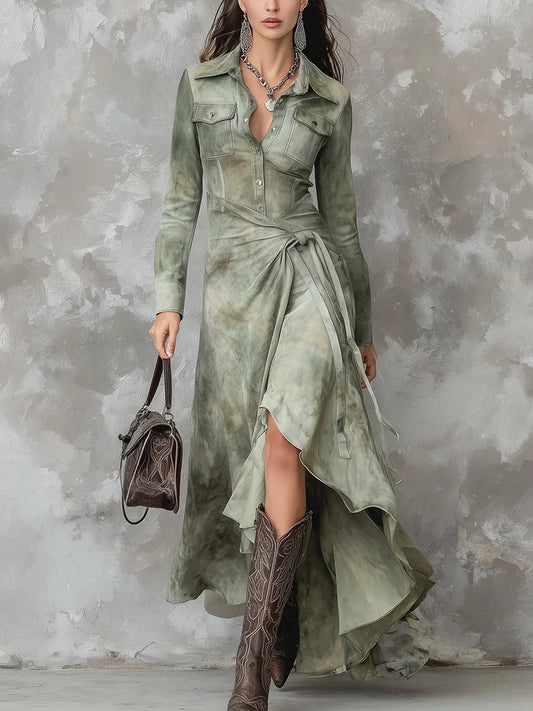Vintage Sage Green Tie-Dye Pocket Slim Maxi Dress