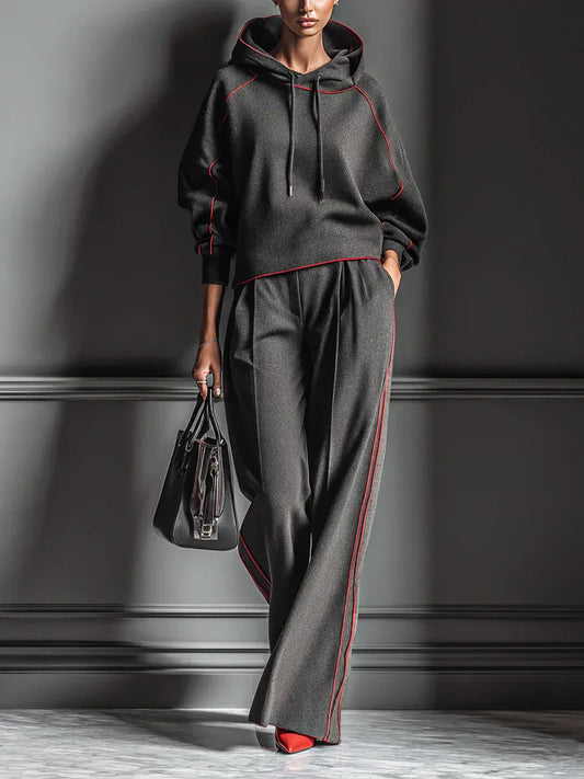 Dark Gray and Red Color-blocked Hooded Sweatshirt and Wide-leg Pants Two-piece Set