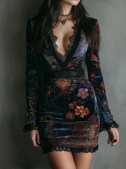 Floral Print V-neck Velvet Lace Trim Slim-fit Mini Dress