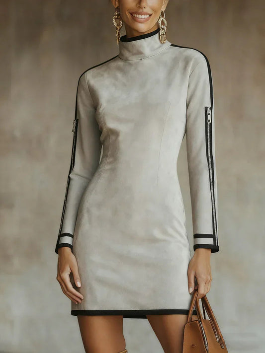 Light Gray Faux Suede High-neck Zip-up Mini Dress