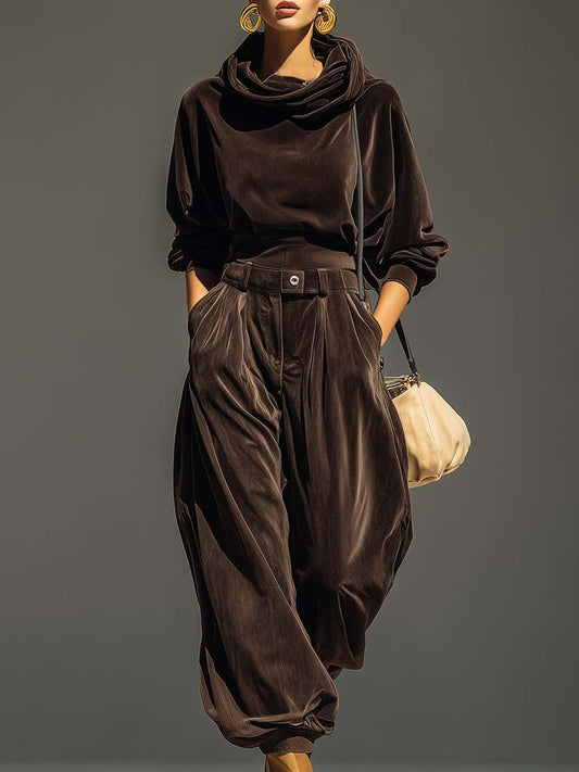 Vintage brown velvet hoodie and loose-fitting trousers setοΌIncludes beltοΌ