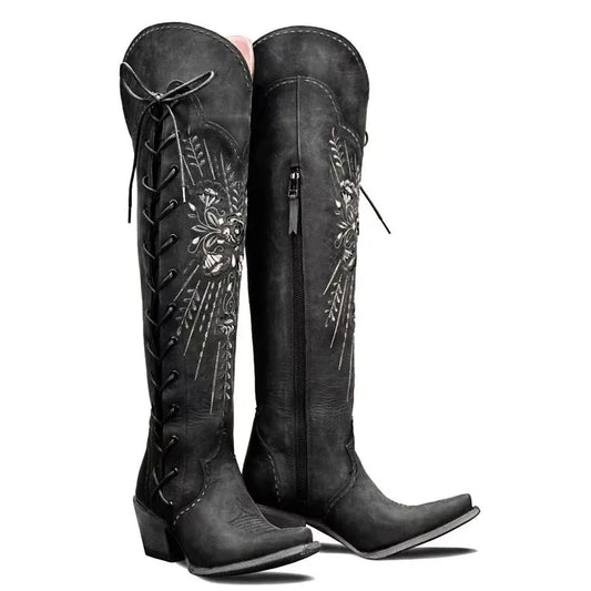 Vintage Embroidered Lace-Up Western Boots