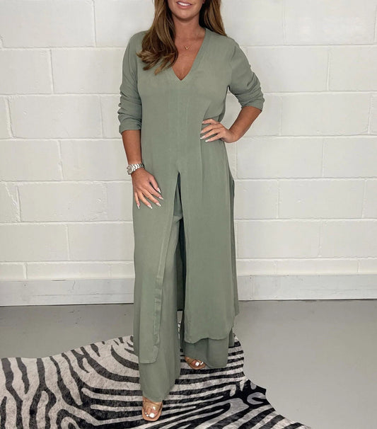 Two-piece Casual Long Top and Matching Pants Set