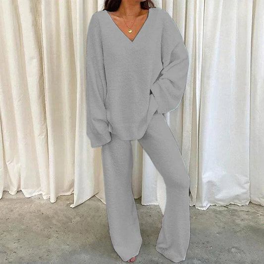 Comfortable Solid Color V-neck Daily Two-piece Set