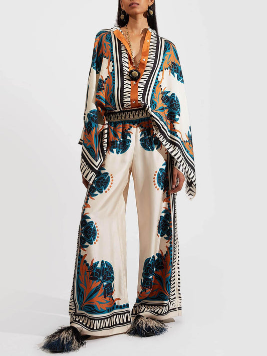 Fine Satin Floral Print Batwing Sleeve Shirt and Pants Set