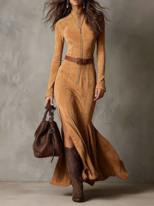 Vintage Camel Zipper Belted Maxi Dress