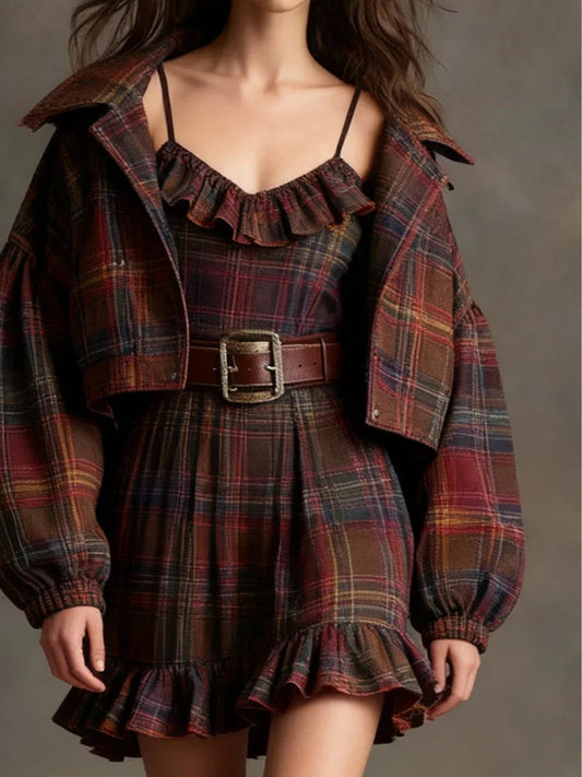 Vintage Plaid Ruffle Mini Dress and Loose Jacket SetοΌIncludes beltοΌ