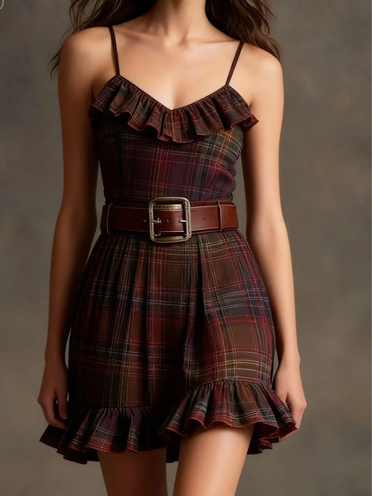 Vintage Plaid Ruffle Mini Dress and Loose Jacket SetοΌIncludes beltοΌ