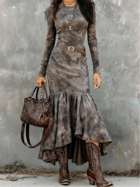 Vintage Polyester Flare Hem Midi DressοΌIncludes beltοΌ