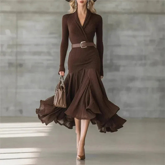 The Luxe Ribbed Knit Wrap Midi Dress | Flared Hem Evening