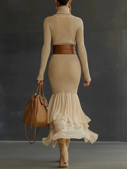 Turtleneck Bodycon Dress for Women Long Sleeve Knitted Maxi Dress Elegant Asymmetrical Ruffle Hem Evening Party Midi Dresses
