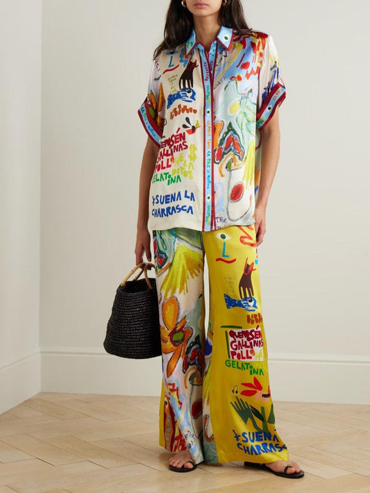 Linen blend unique print shirt and elastic waistband pocket trousers set