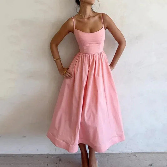 Pure Color Pleated Waist and Large Swing Sexy Suspender Dress
