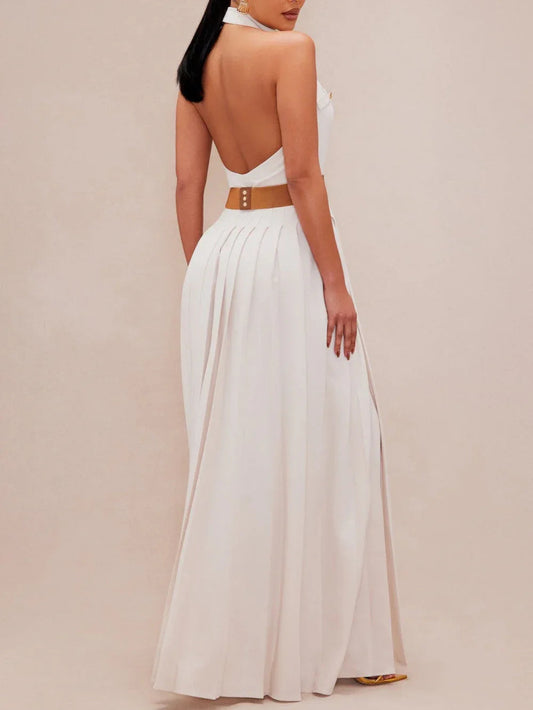 Beige Button Pleated Dress