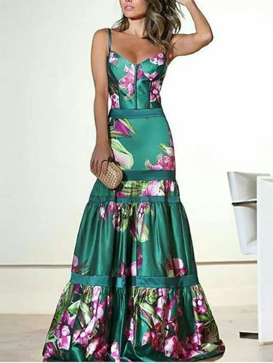 Satin suspender printed panel maxi dress
