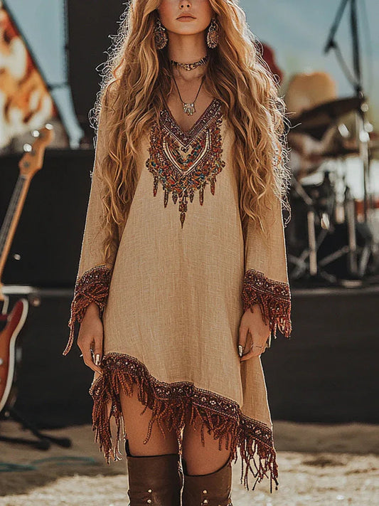 Lace Trim Loose Printed Midi Dress