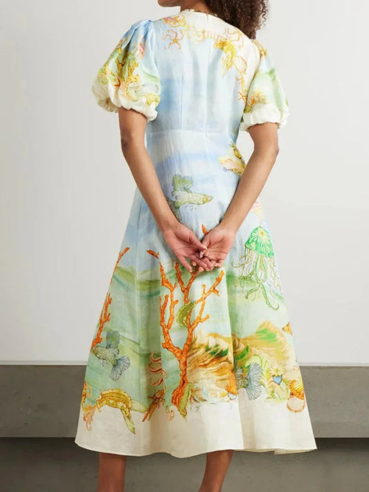 Gathered Printed Linen-Gauze Midi Dres